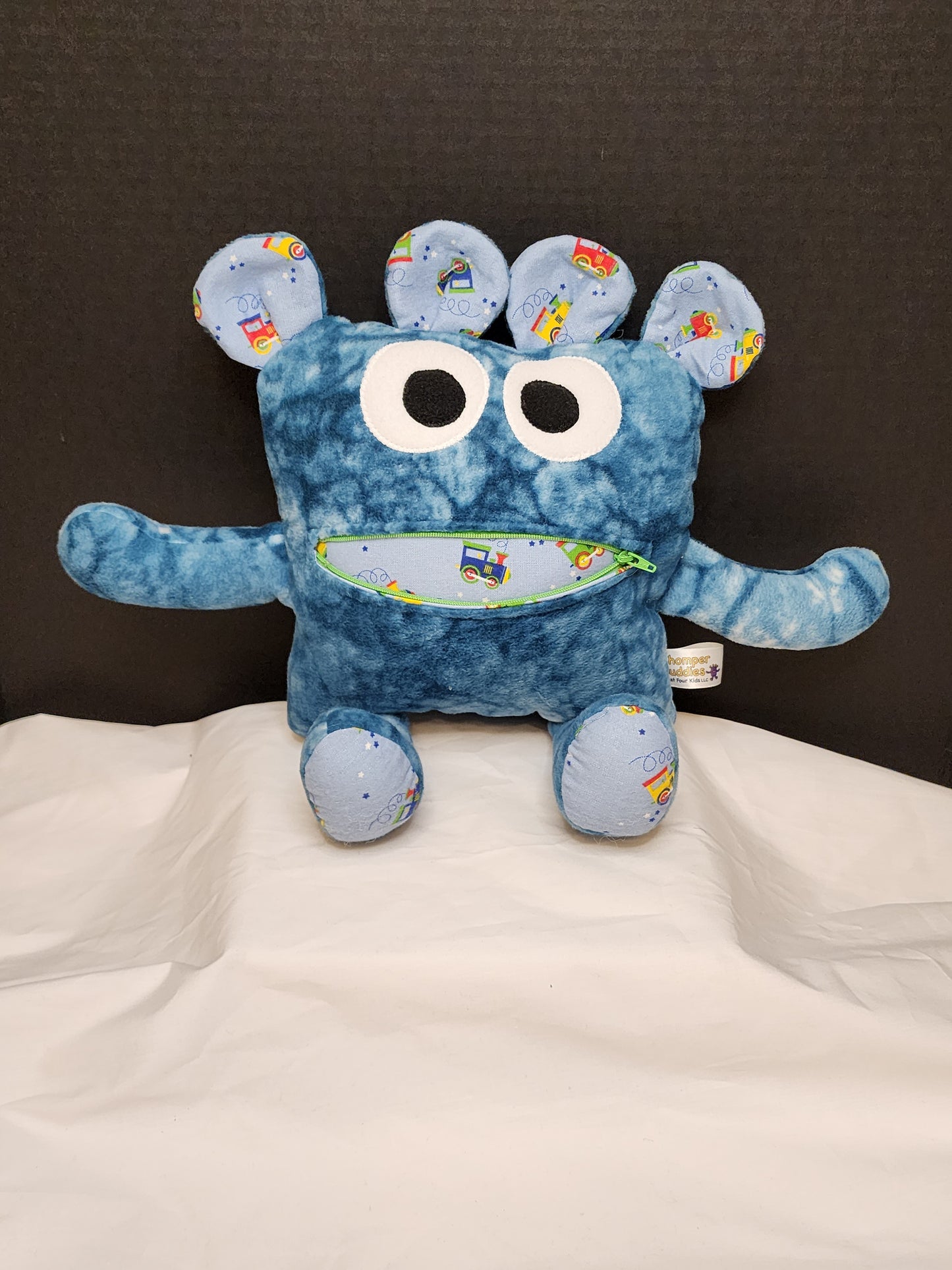 Chomper Buddy Blue swirl with choo choo trains 14"