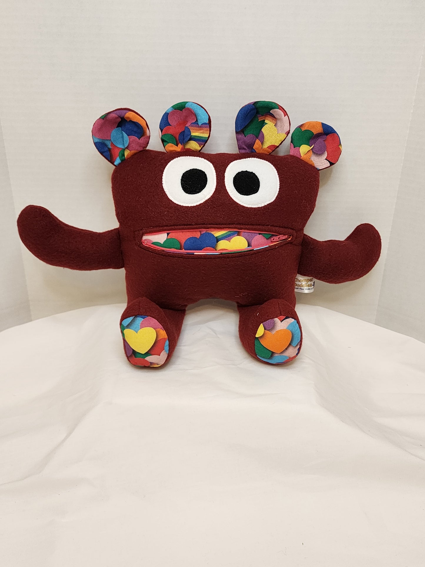 Chomper Buddy Burgundy with multi color hearts 14"