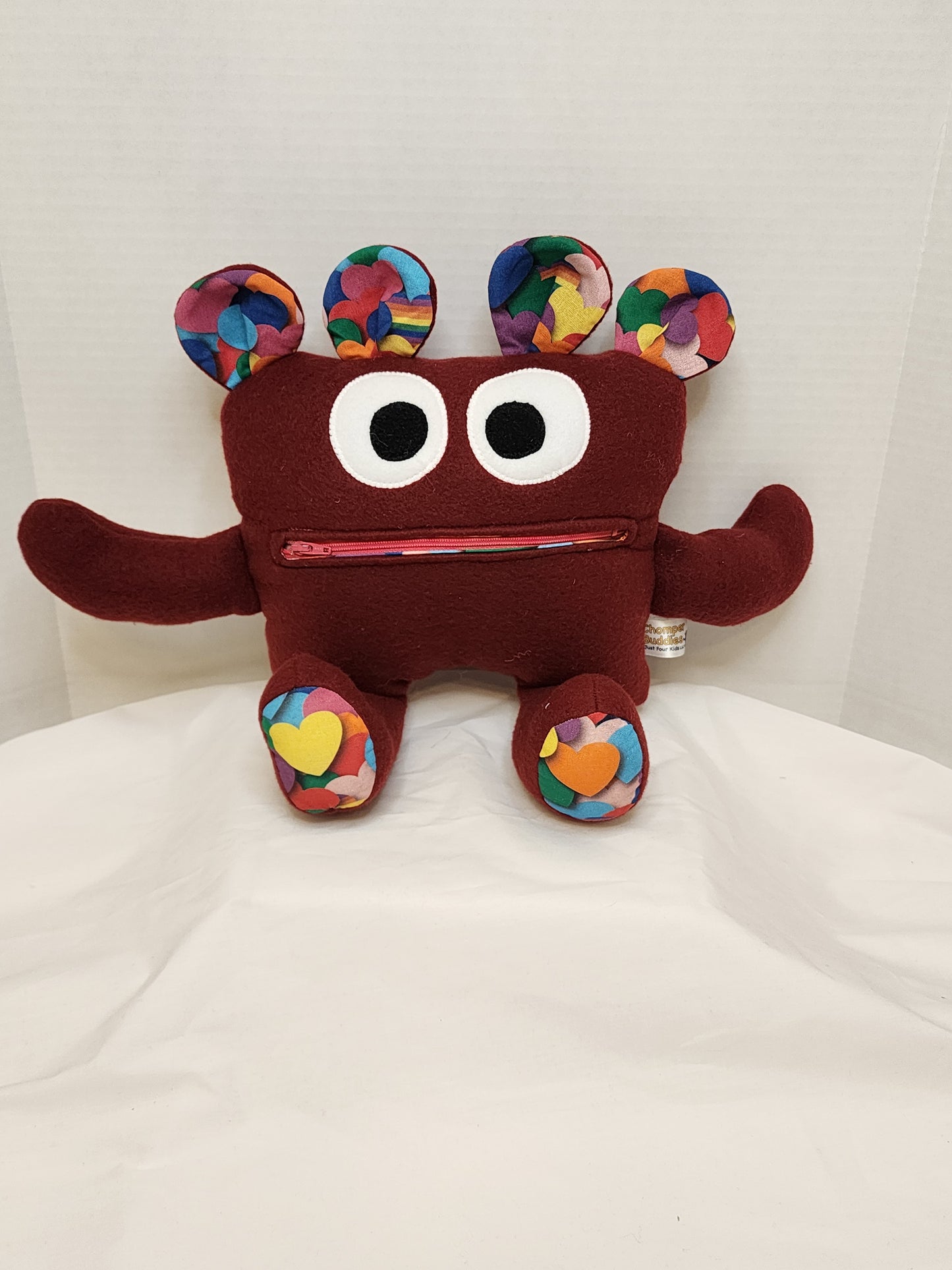 Chomper Buddy Burgundy with multi color hearts 14"