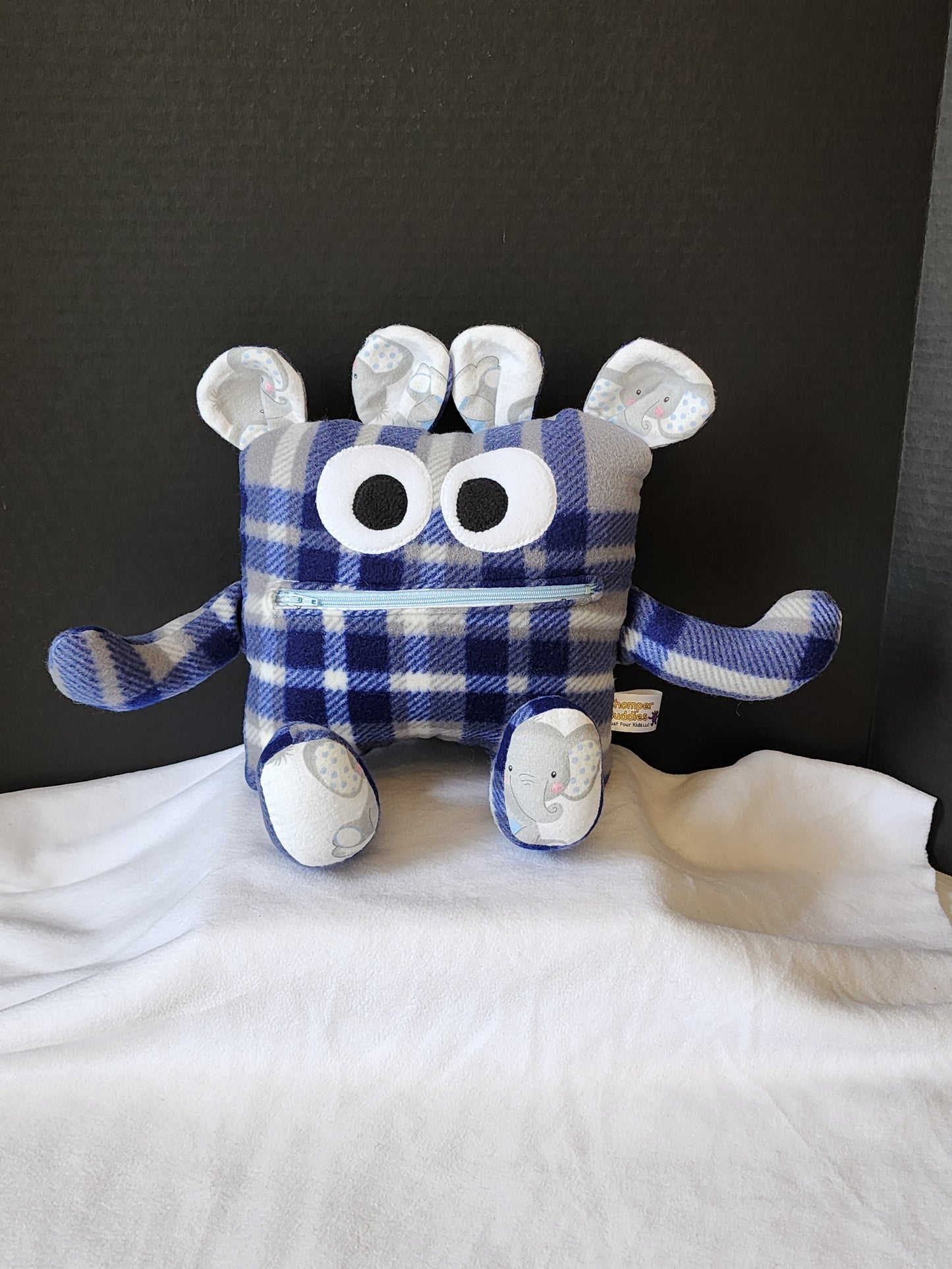 Chomper Buddy 14" Blue and gray plaid with baby elephant lining