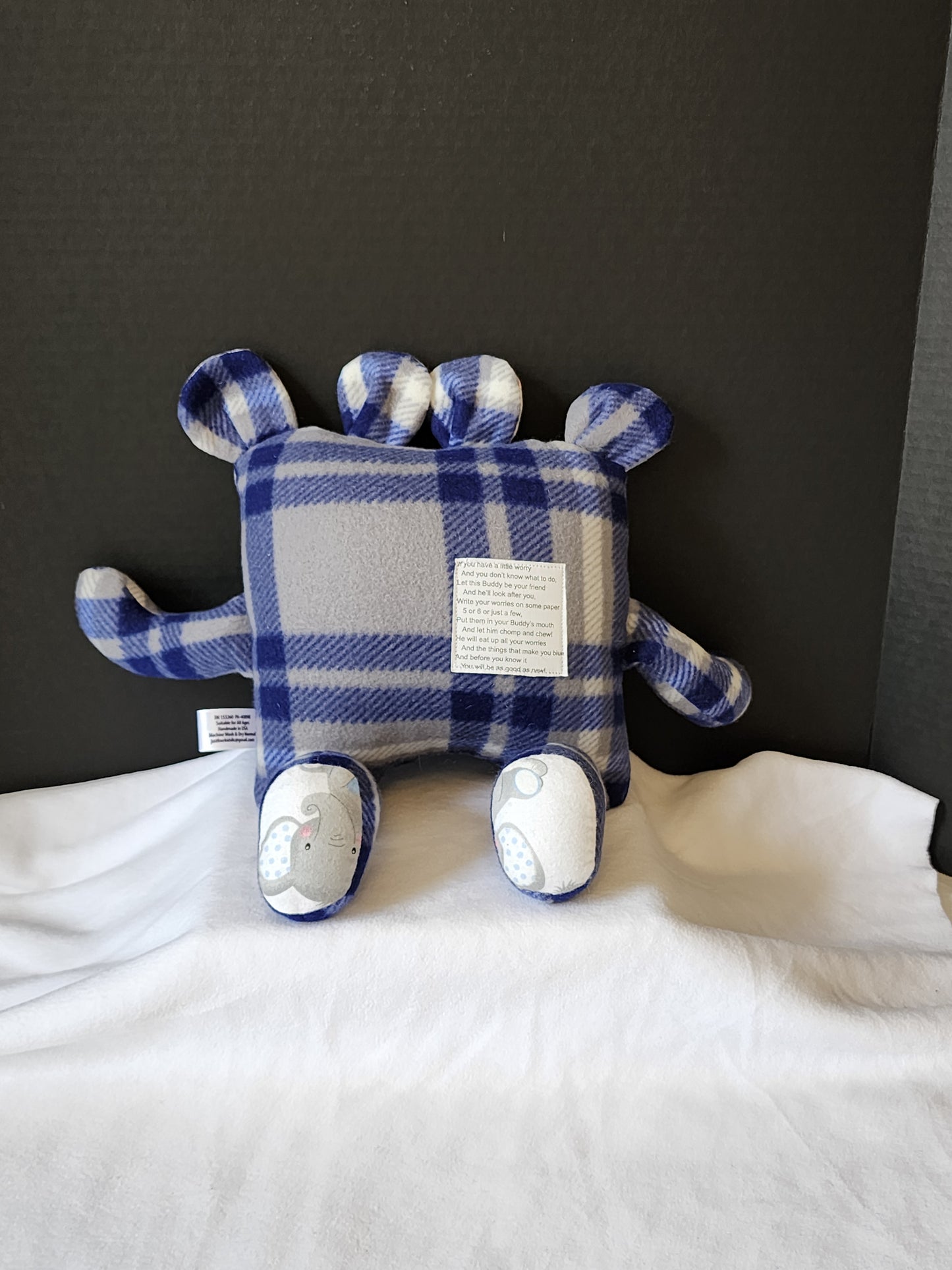 Chomper Buddy 14" Blue and gray plaid with baby elephant lining