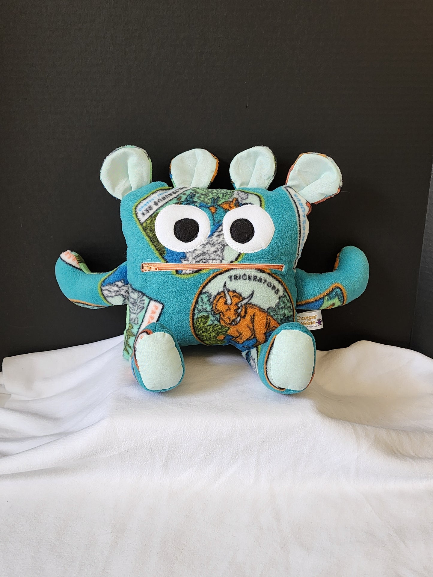 Chomper Buddy 14" teal with dinosaurs fleece and mint color lining