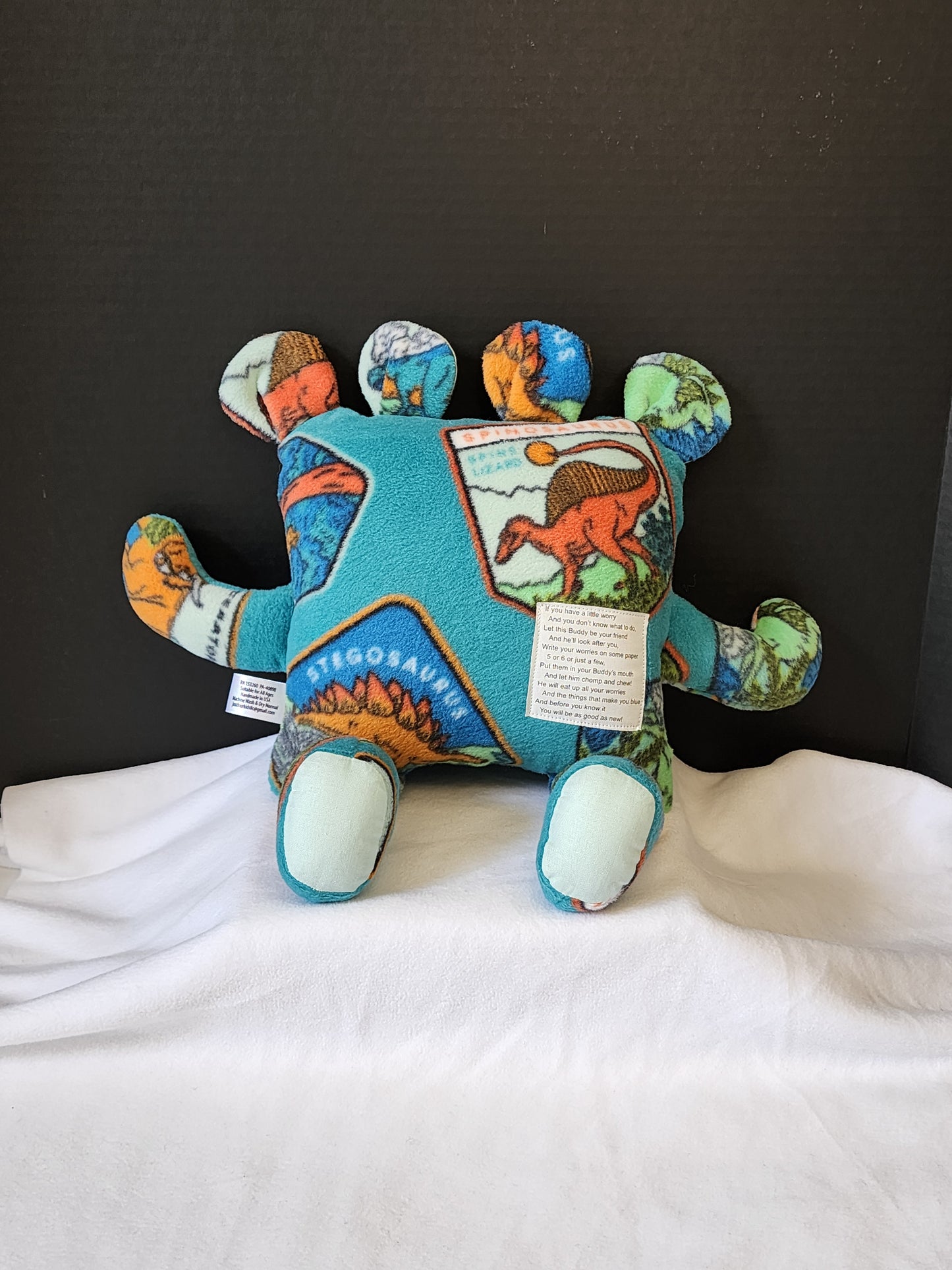 Chomper Buddy 14" teal with dinosaurs fleece and mint color lining