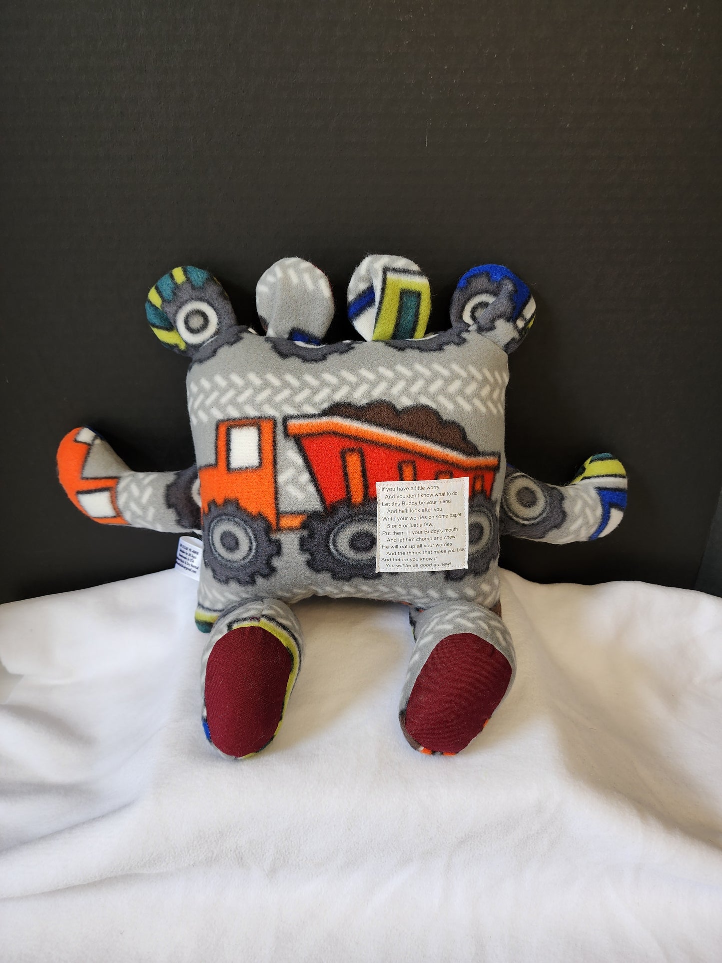 Chomper Buddy 14" excavator and dump truck fleece with burgundy lining