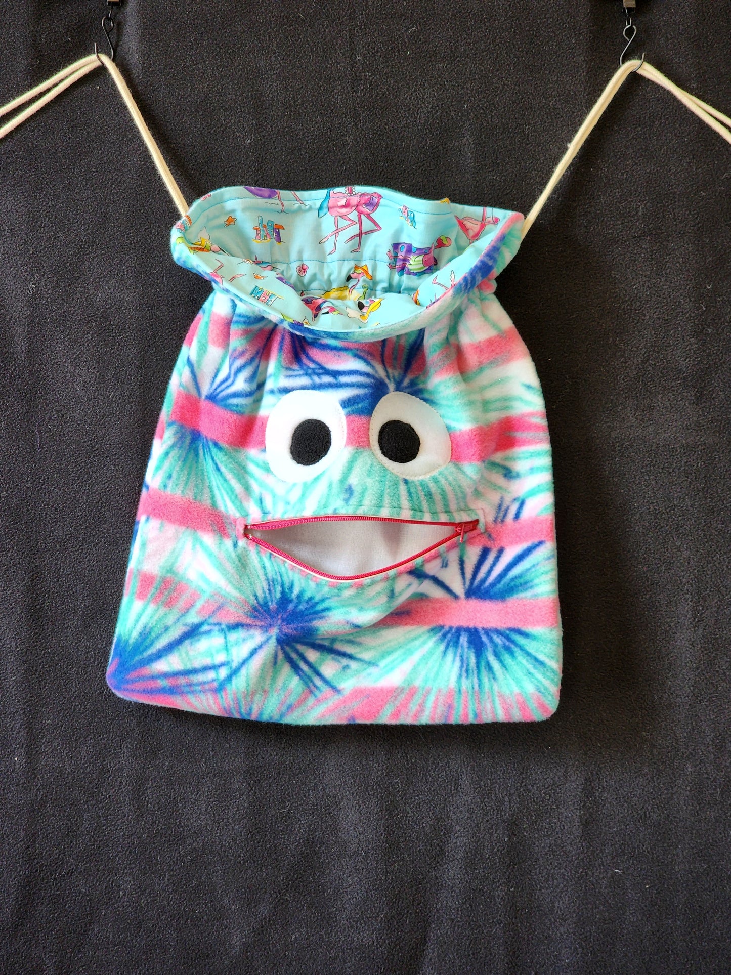 Chomper Buddy Drawstring bag, Slumber Bag,   Dementia Alzheimer's, Tropical with flamingo lining