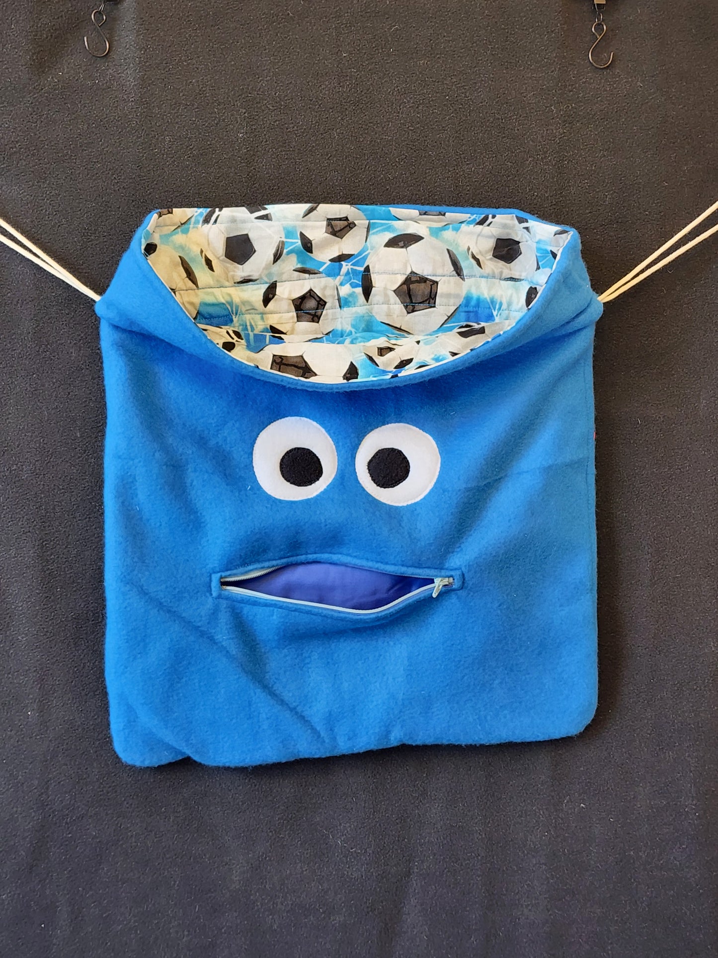 Chomper Buddy Drawstring bag, Slumber Bag,  Dementia Alzheimer's, blue fleece soccer ball lining