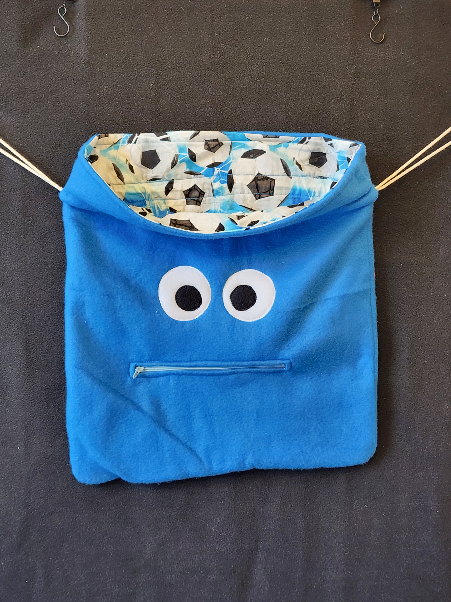 Chomper Buddy Drawstring bag, Slumber Bag,  Dementia Alzheimer's, blue fleece soccer ball lining