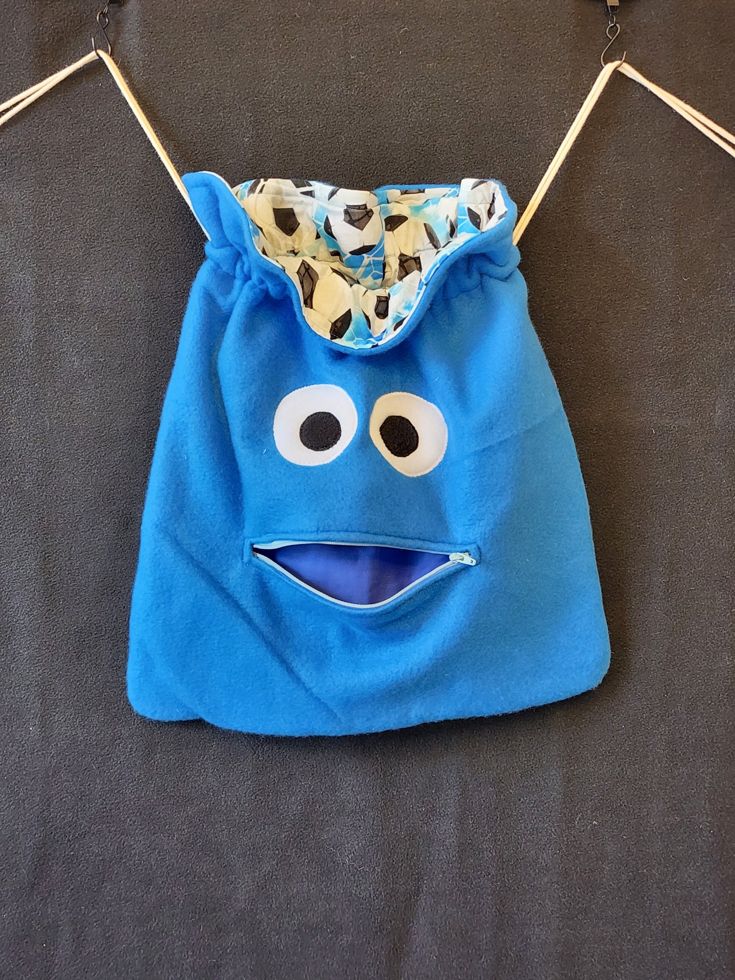 Chomper Buddy Drawstring bag, Slumber Bag,  Dementia Alzheimer's, blue fleece soccer ball lining