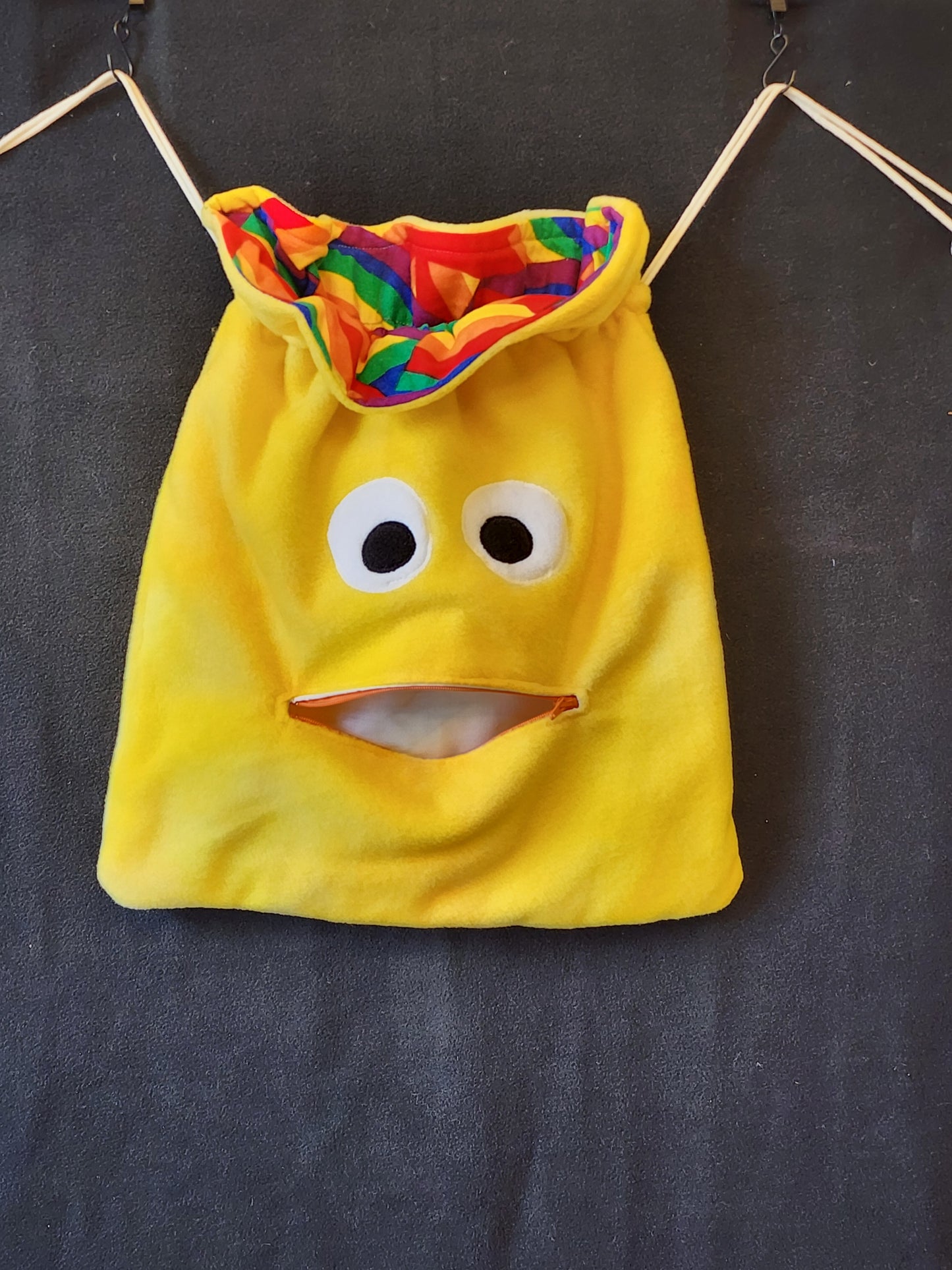 Chomper Buddy Drawstring bag, Slumber Bag,  Dementia Alzheimer's, bright yellow fleece rainbow lining