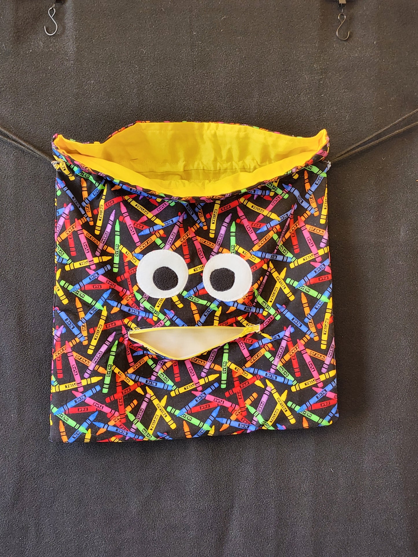 Chomper Buddy Drawstring bag, Slumber Bag,  Dementia Alzheimer's, Crayons yellow lining