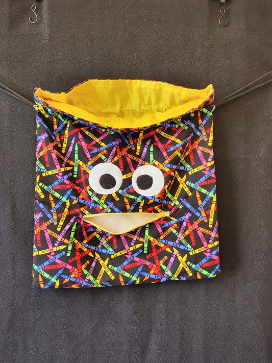 Chomper Buddy Drawstring bag, Slumber Bag,  Dementia Alzheimer's, Crayons yellow lining