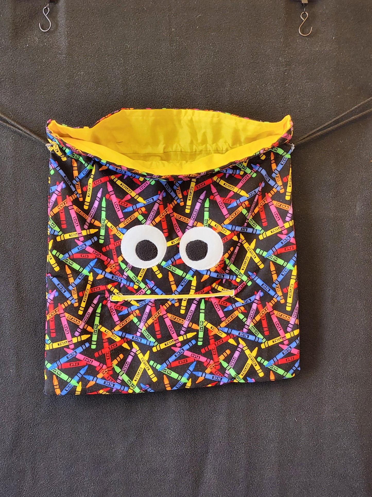 Chomper Buddy Drawstring bag, Slumber Bag,  Dementia Alzheimer's, Crayons yellow lining