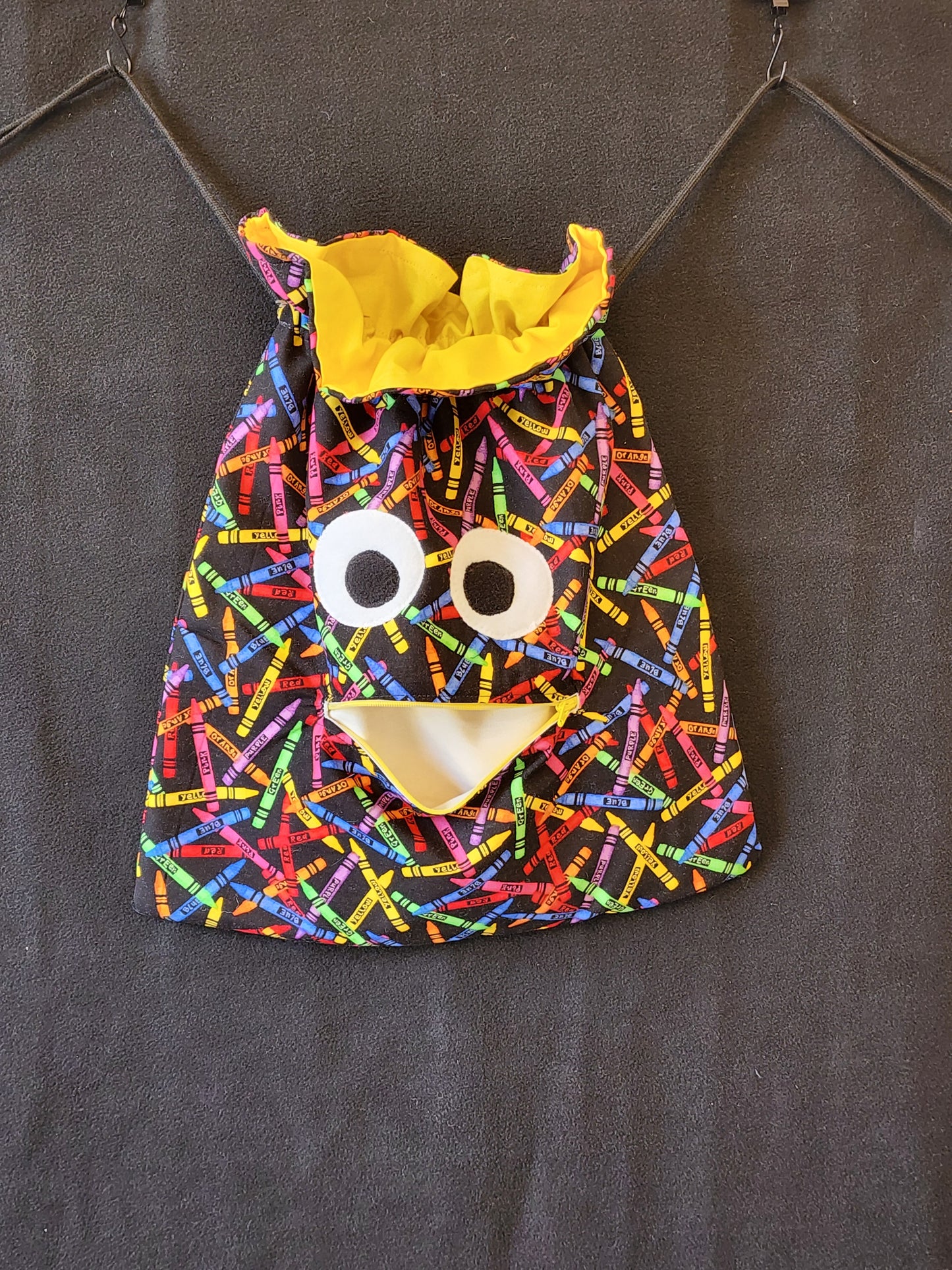 Chomper Buddy Drawstring bag, Slumber Bag,  Dementia Alzheimer's, Crayons yellow lining