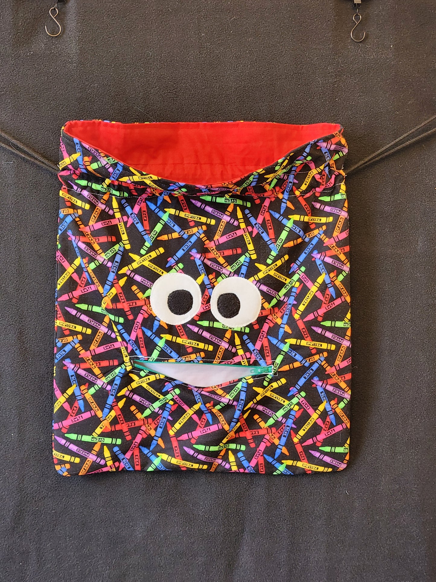 Chomper Buddy Drawstring bag, Slumber Bag,  Dementia Alzheimer's, Crayons red lining
