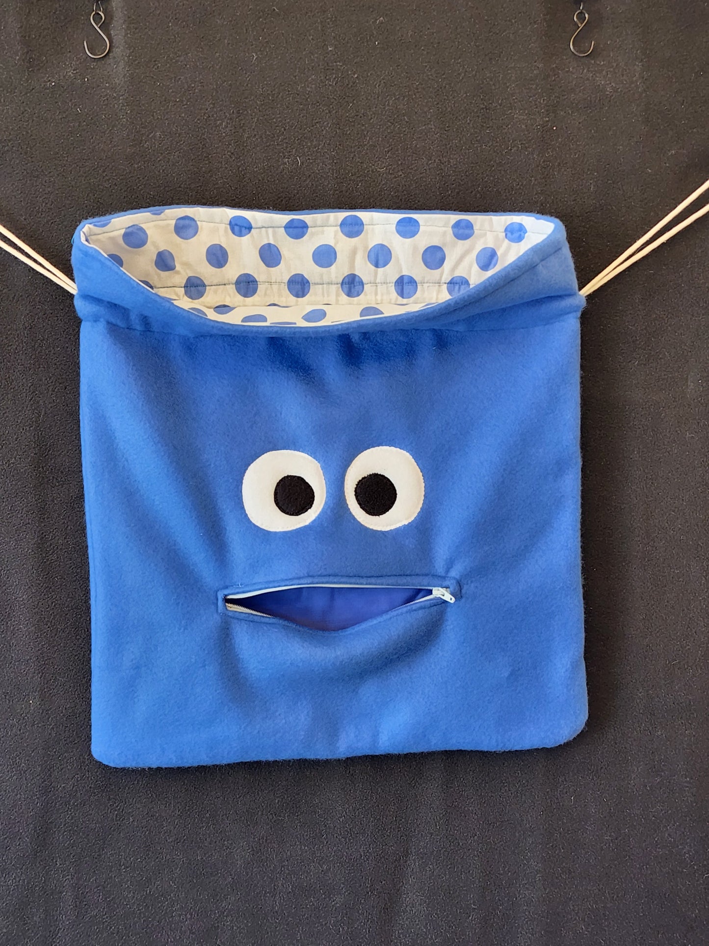 Chomper Buddy Drawstring bag, Slumber Bag, Dementia Alzheimer's, Blue fleece with Blue Dots lining