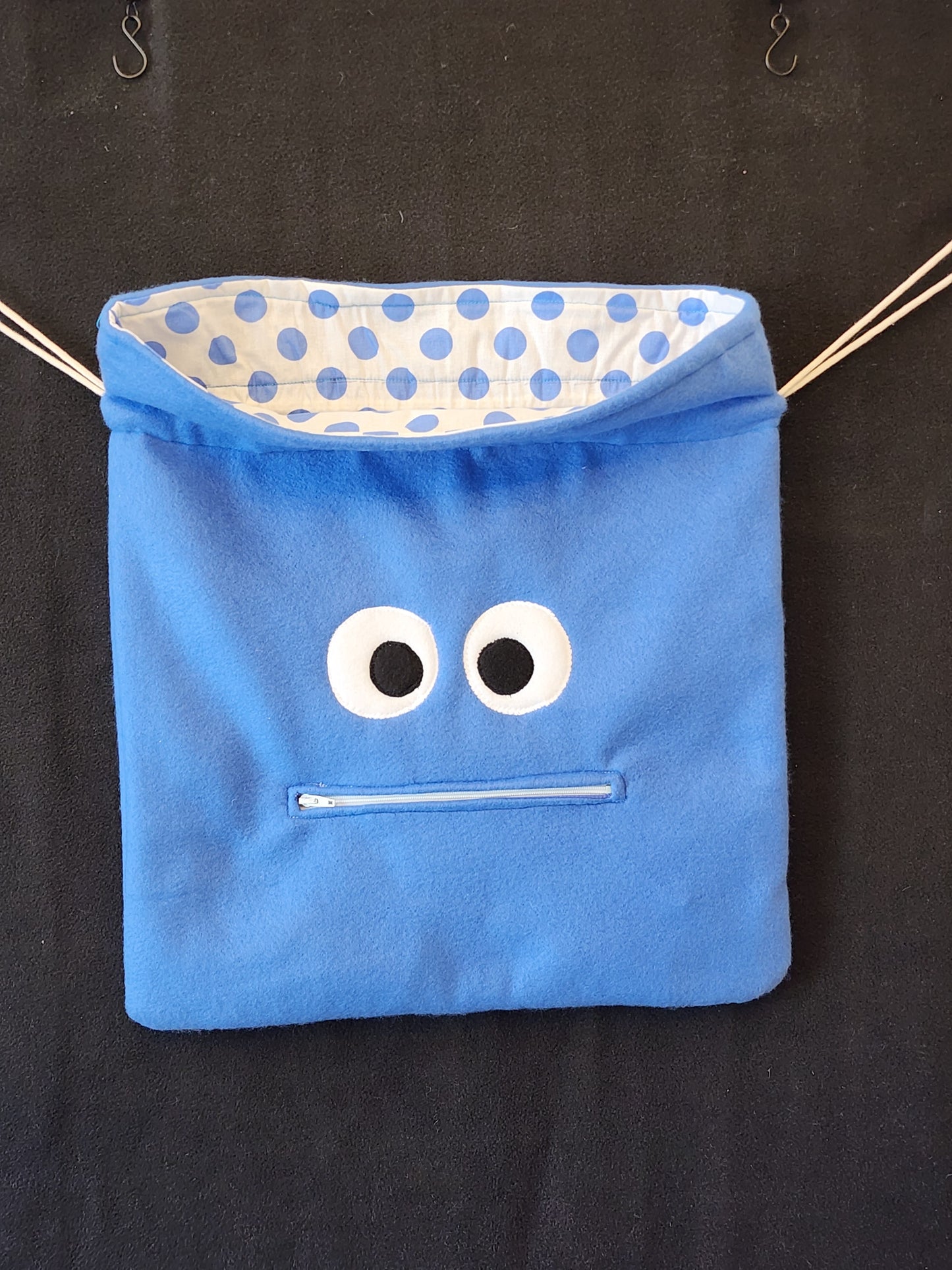 Chomper Buddy Drawstring bag, Slumber Bag, Dementia Alzheimer's, Blue fleece with Blue Dots lining