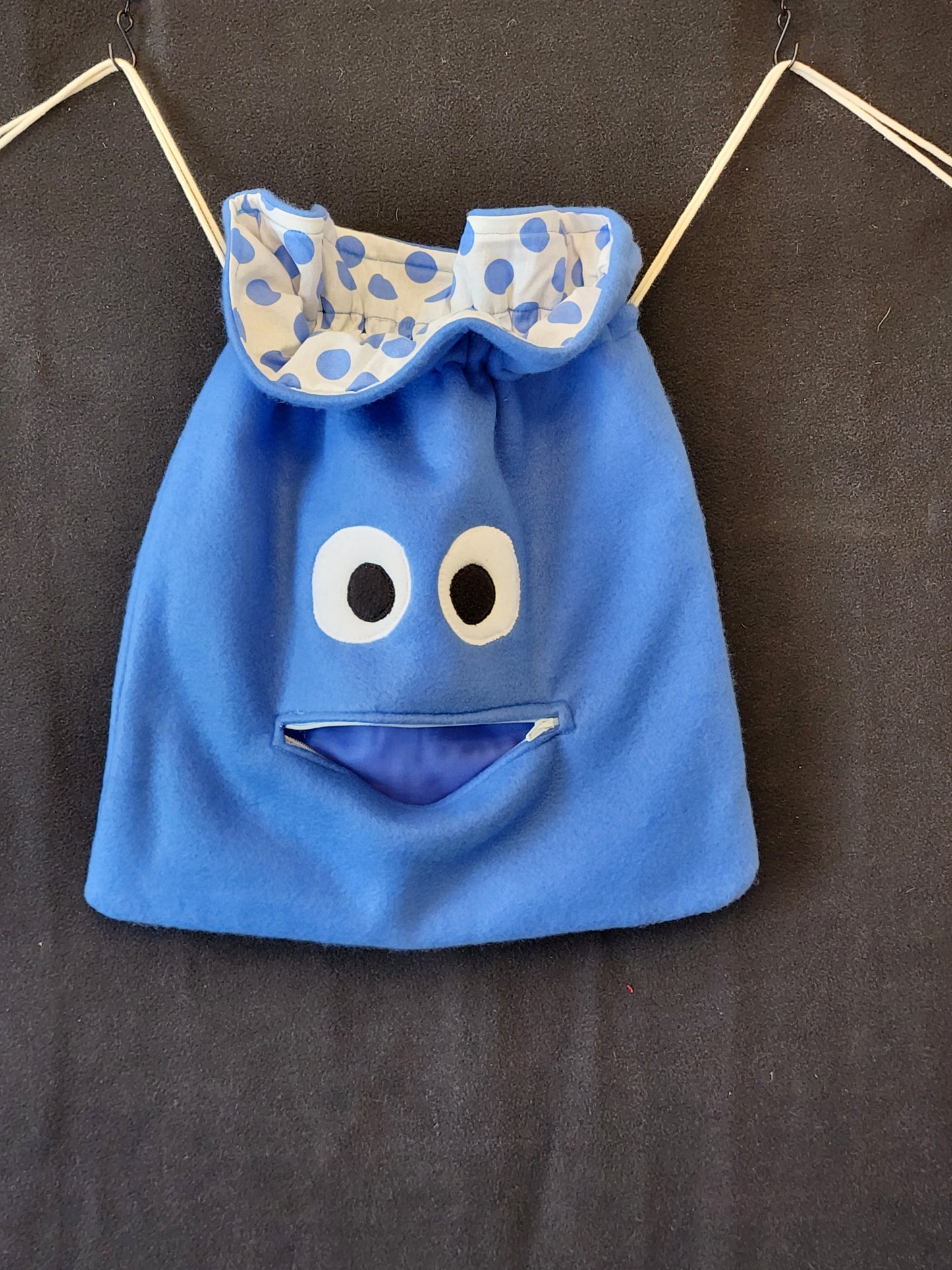Chomper Buddy Drawstring bag, Slumber Bag, Dementia Alzheimer's, Blue fleece with Blue Dots lining