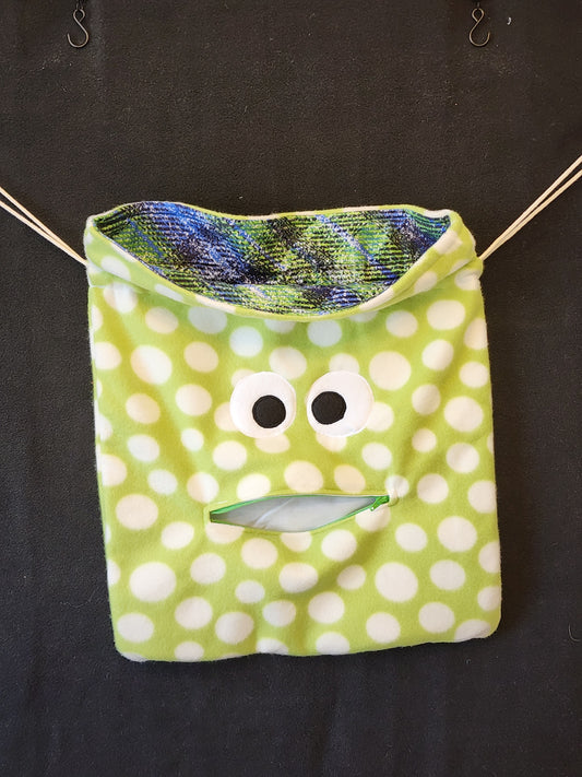 Chomper Buddy Drawstring bag, Slumber Bag,  Dementia Alzheimer's, green with white dots