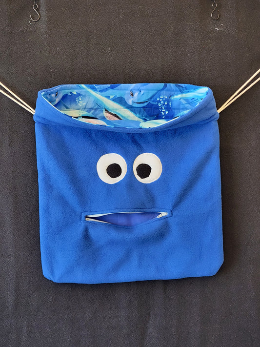 Chomper Buddy Drawstring bag, Dementia Alzheimer's, Blue Fleece with sharks lining