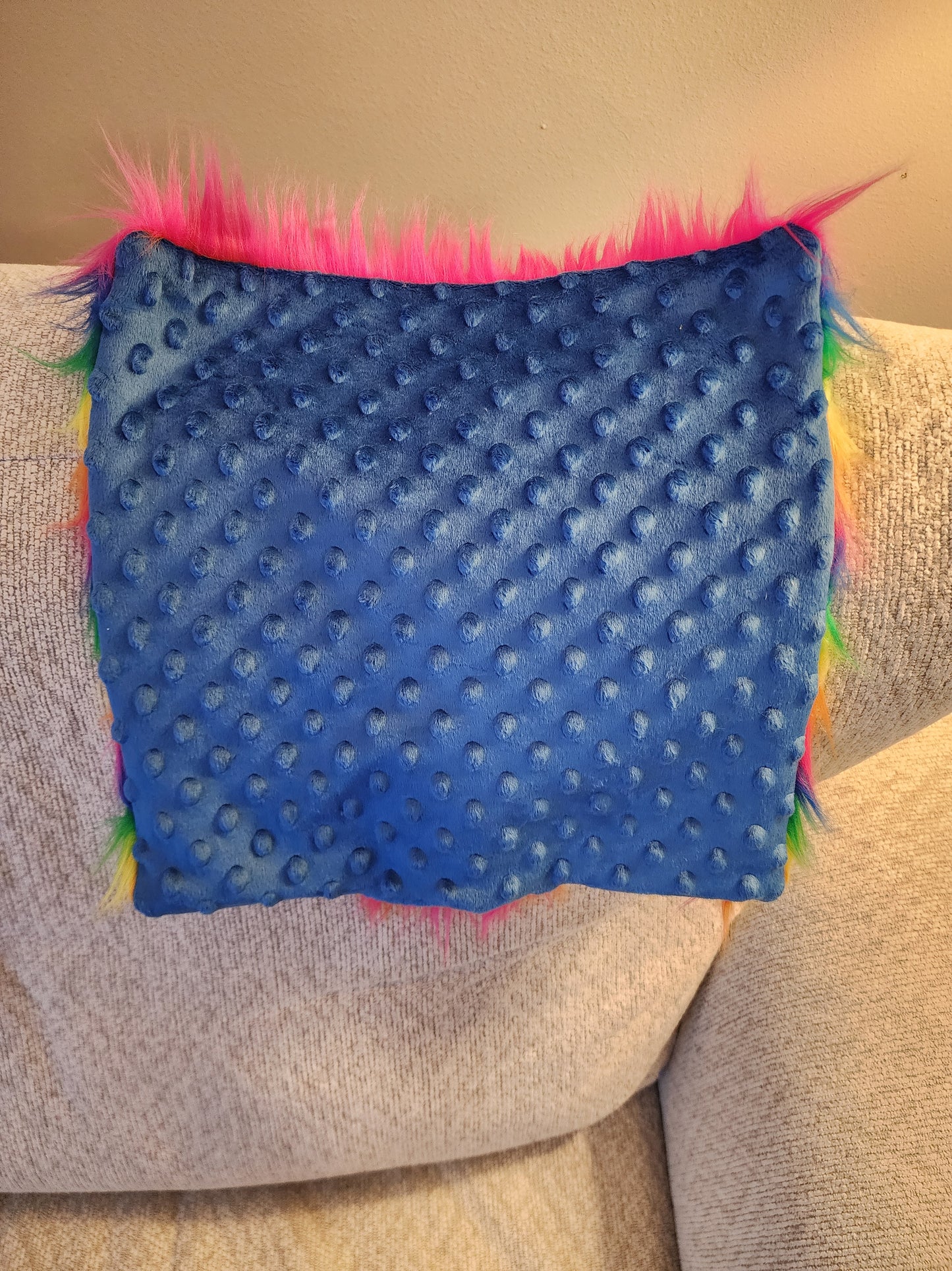 Sensory Square-Rainbow plush fur royal blue dimple dot minky