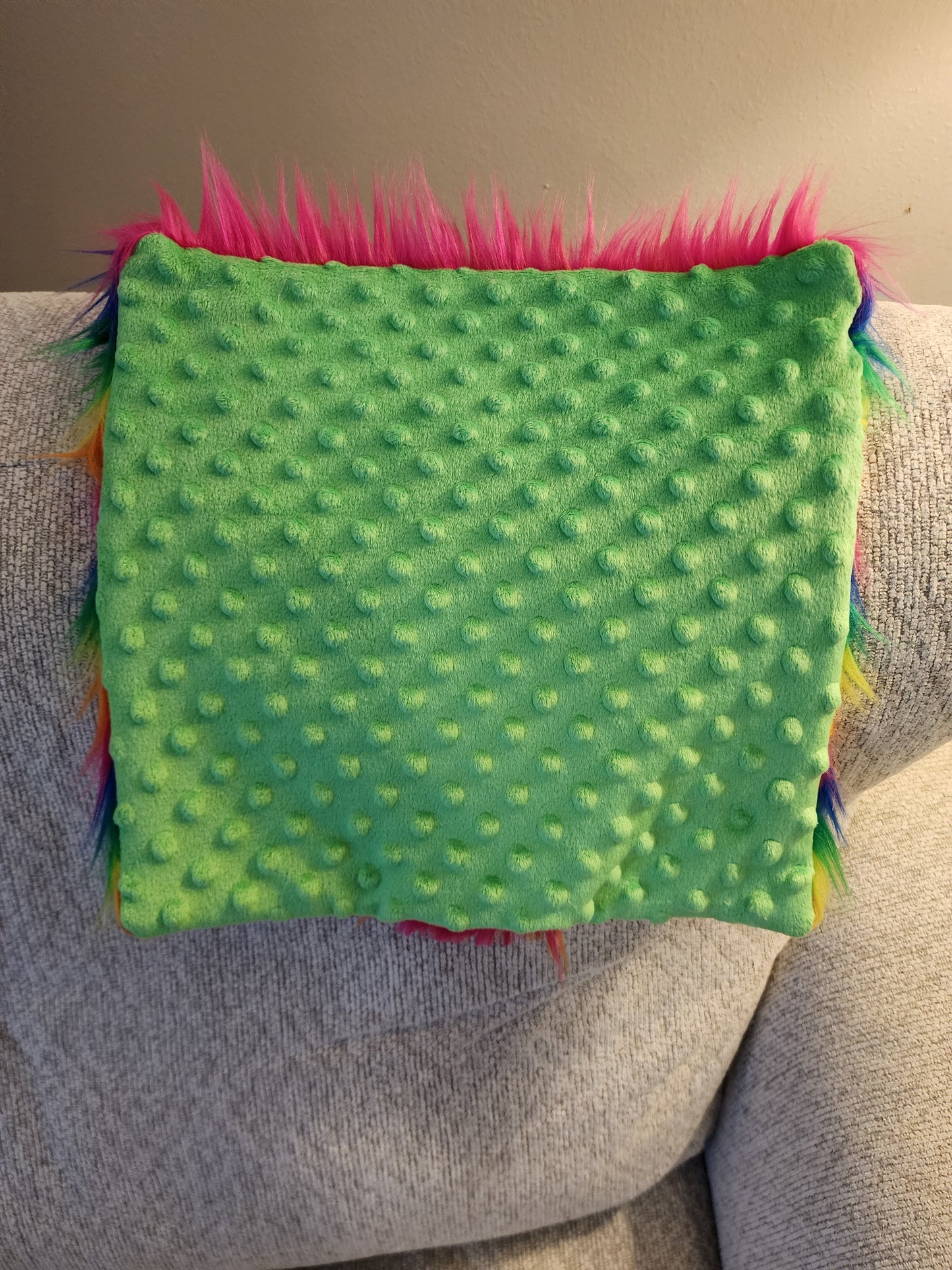 Sensory Square-Rainbow plush fur green dimple dot minky