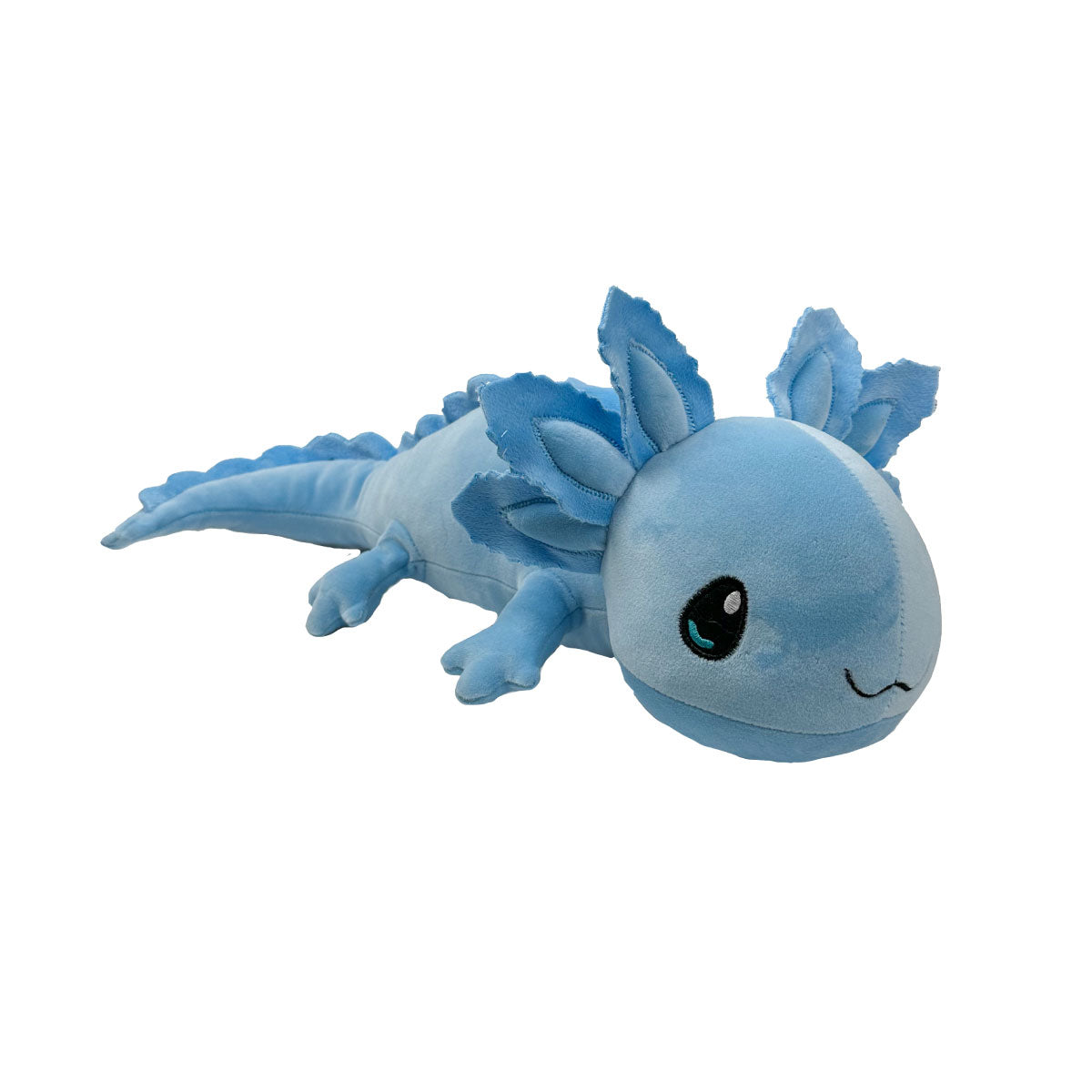 A soft, light blue 16” plush axolotl stuffy with a white background. *Comes unstuffed.