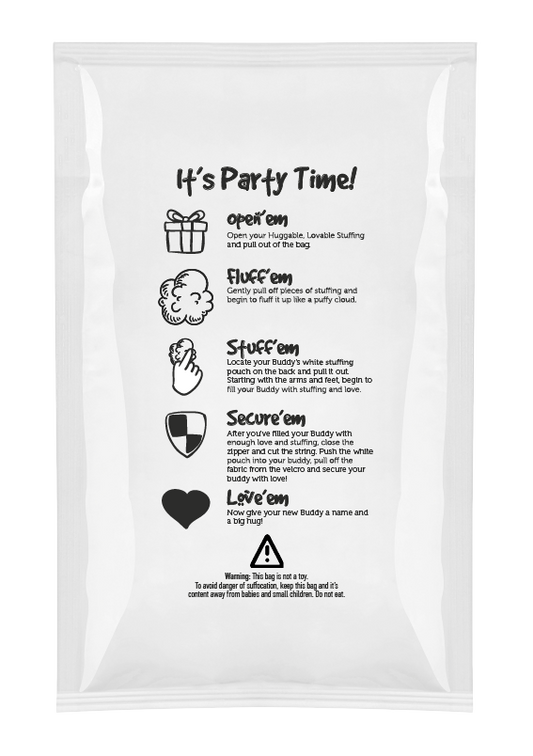Stuffing packet with directions printed on it for the 16" Stuff Buddies.