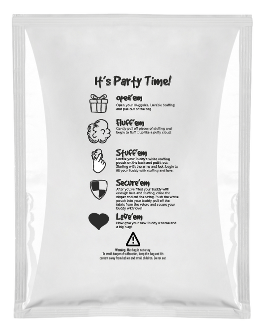 Stuffing packet with directions printed on it for the 8” Stuff Buddies.