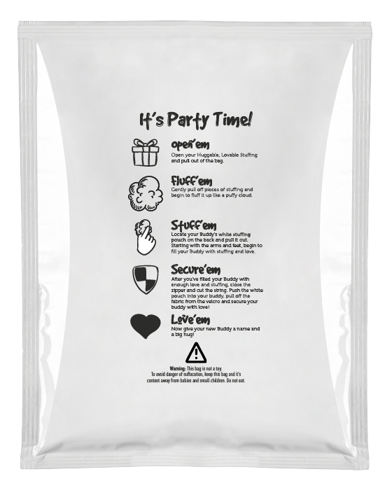 Stuffing packet with directions printed on it for the 8” Stuff Buddies.