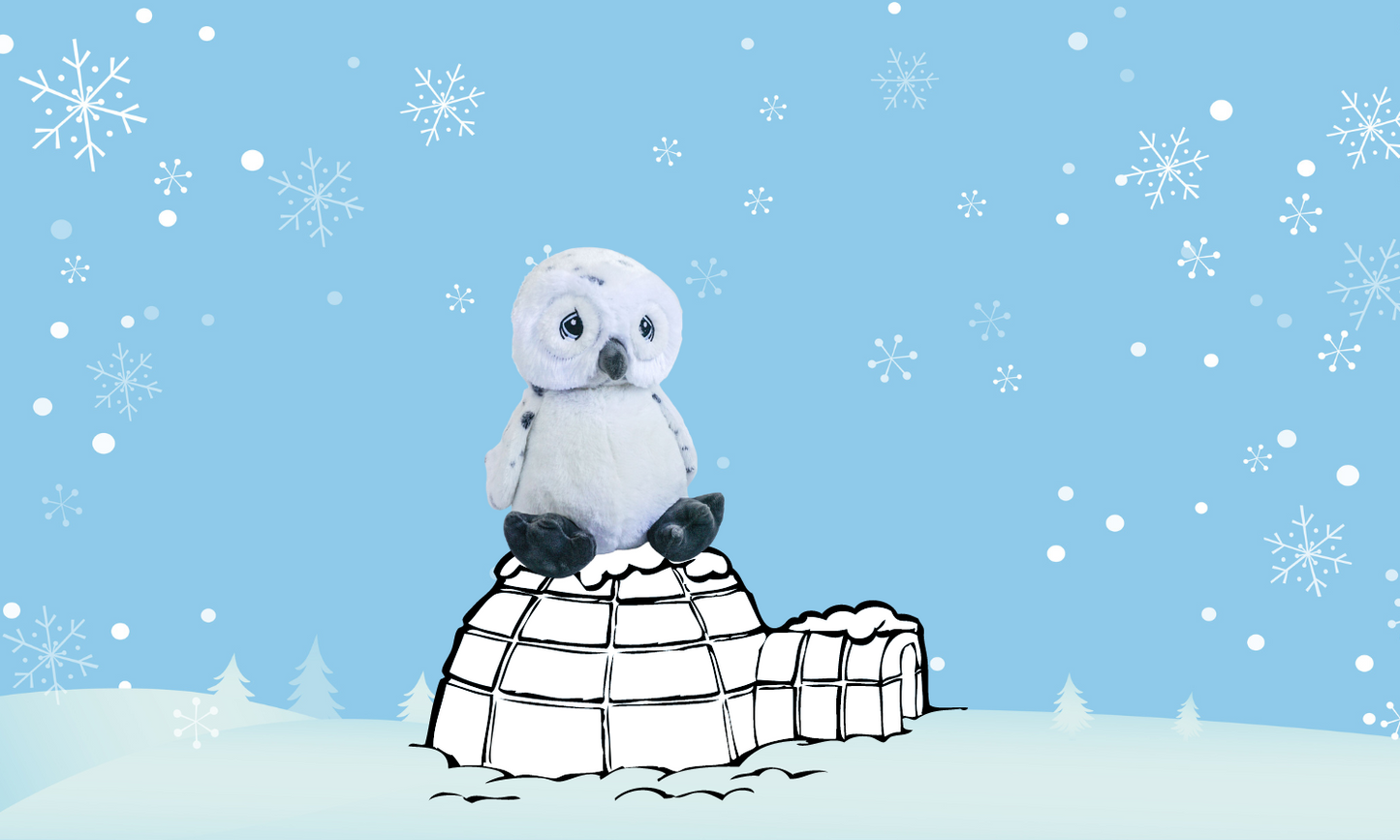 Picture of a soft, furry 16” plush Owl stuffy sitting on an igloo with a snowy background.