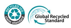 Recycled 100 claim standard / Global Recycled Standard tag.