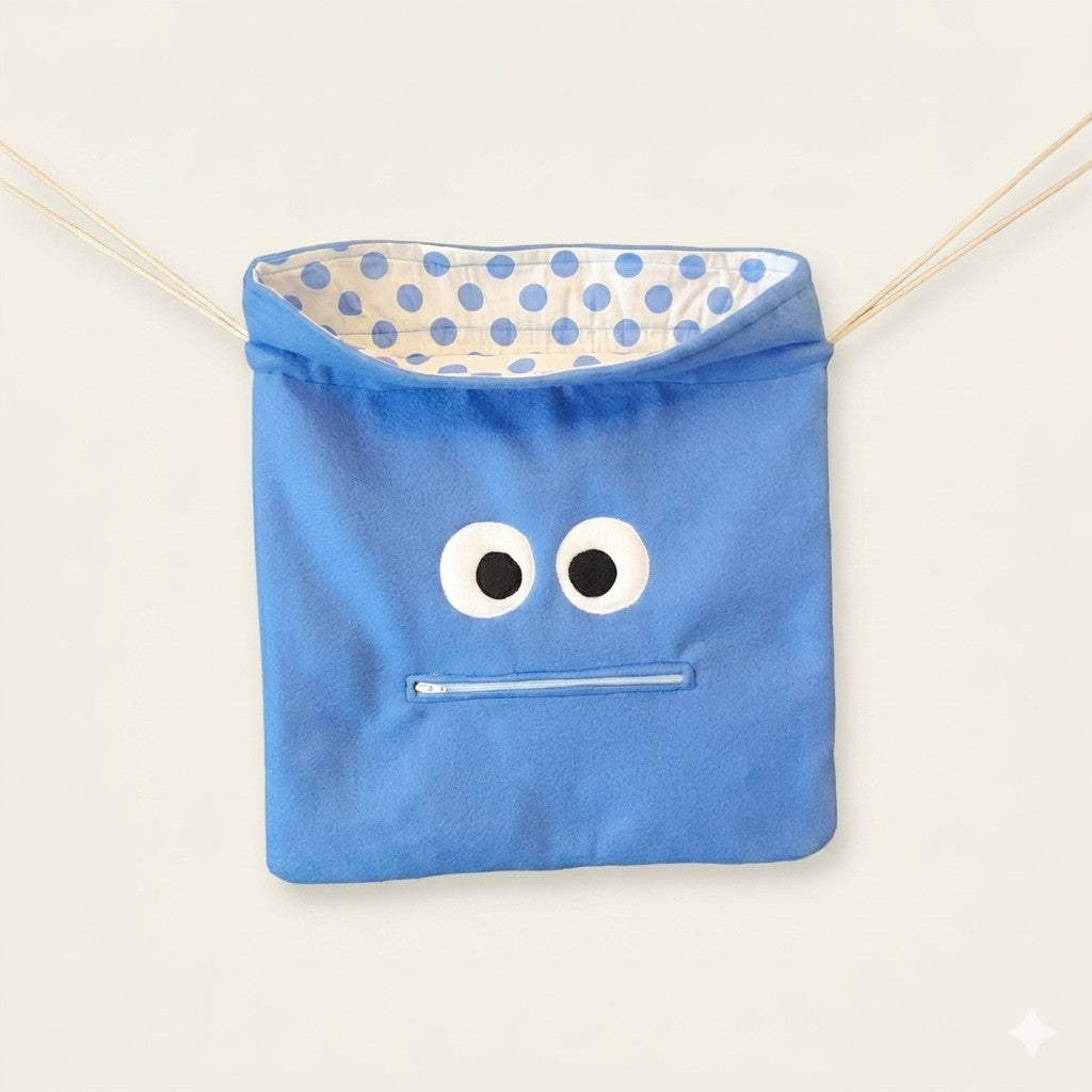 Chomper Buddy Drawstring bag, Slumber Bag, Dementia Alzheimer's, Blue fleece with Blue Dots lining