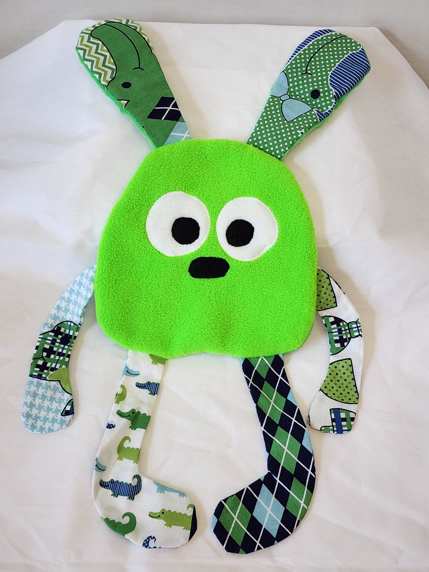 Crinkle Buddy Bunny- Neon Green with Alligator, Argyle and Minky