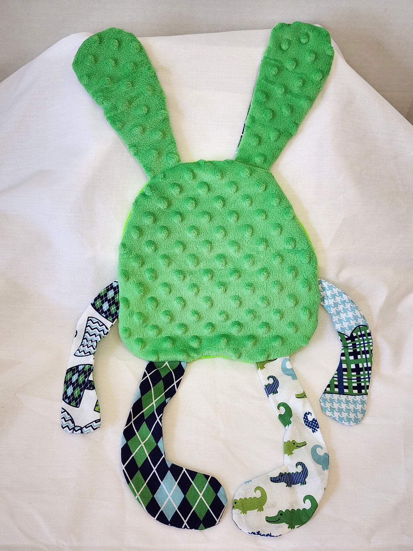 Crinkle Buddy Bunny- Neon Green with Alligator, Argyle and Minky