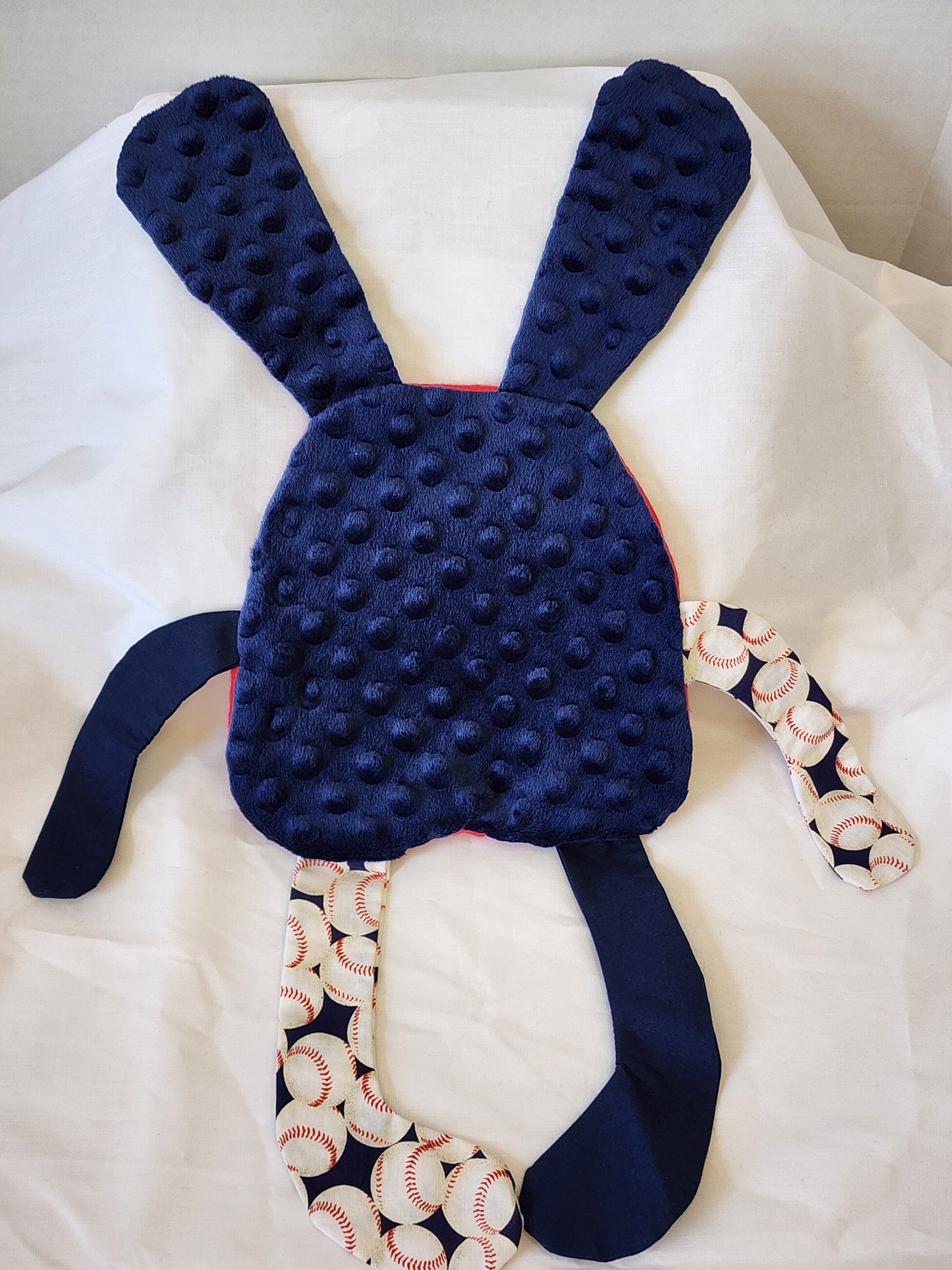 Crinkle Buddy Bunny- Red Fleece Baseball and Navy with Navy Minky