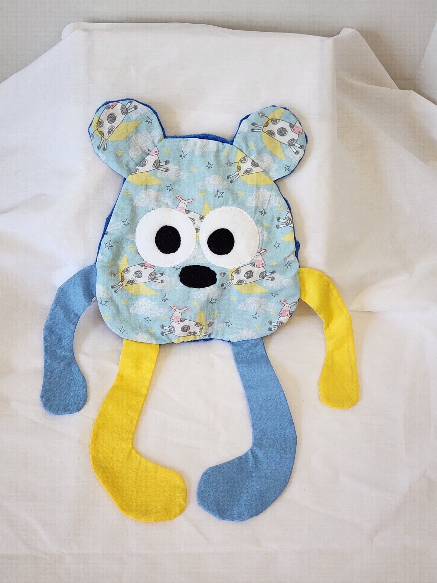 Crinkle Buddy Bear- Cows over the moon blue minky back