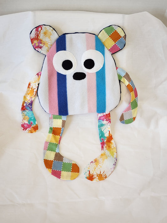 Crinkle Buddy Bear- Striped fleece with navy dimple dot minky back