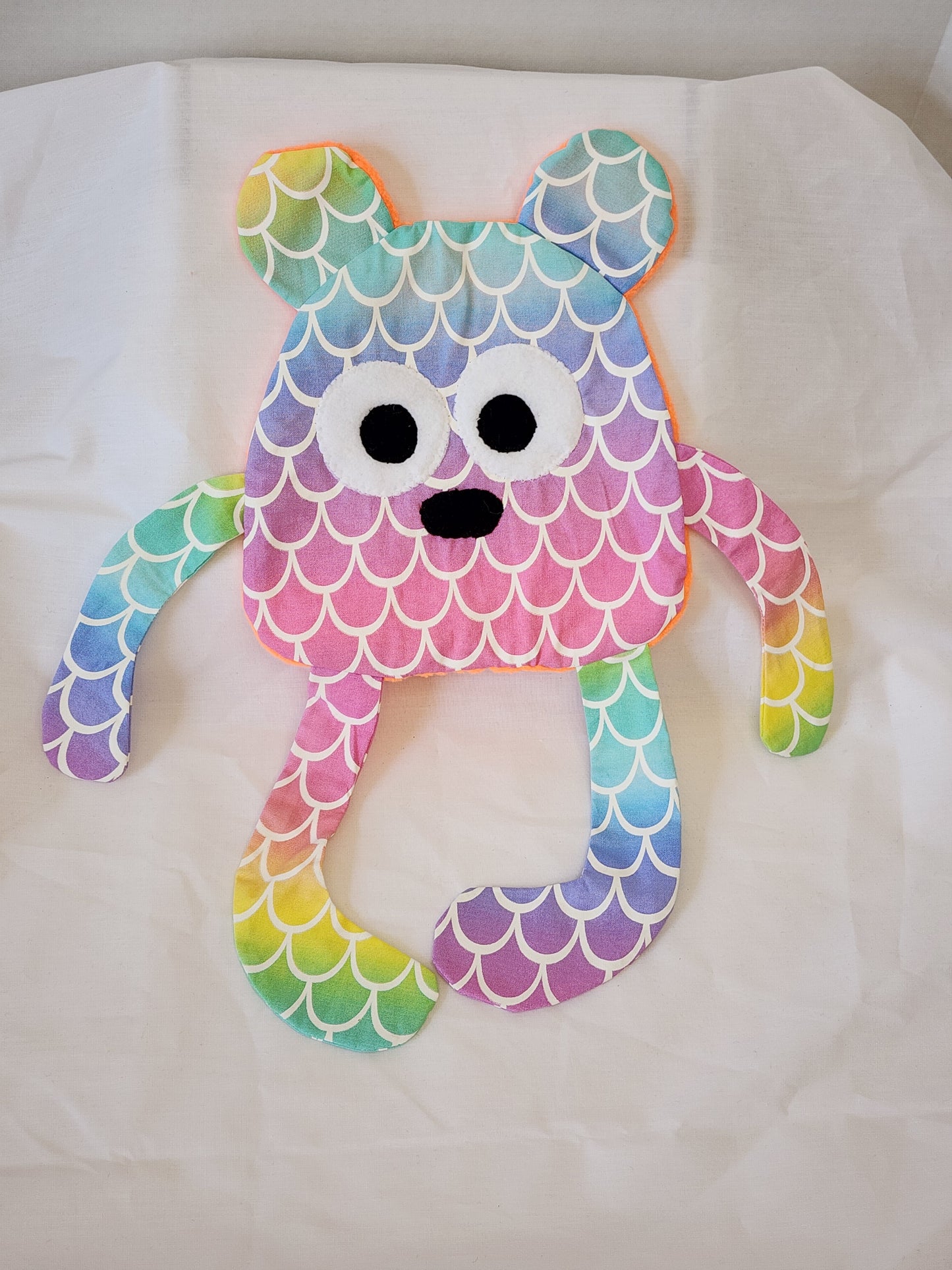 Crinkle Buddy Bear- Mermaid Scale Cotton with neon fleece back