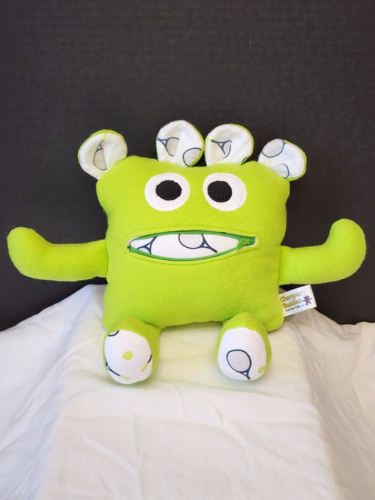 Chomper Buddy 11" bright green fleece with tennis rackets and balls lining