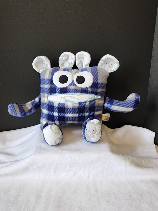 Chomper Buddy 14" Blue and gray plaid with baby elephant lining