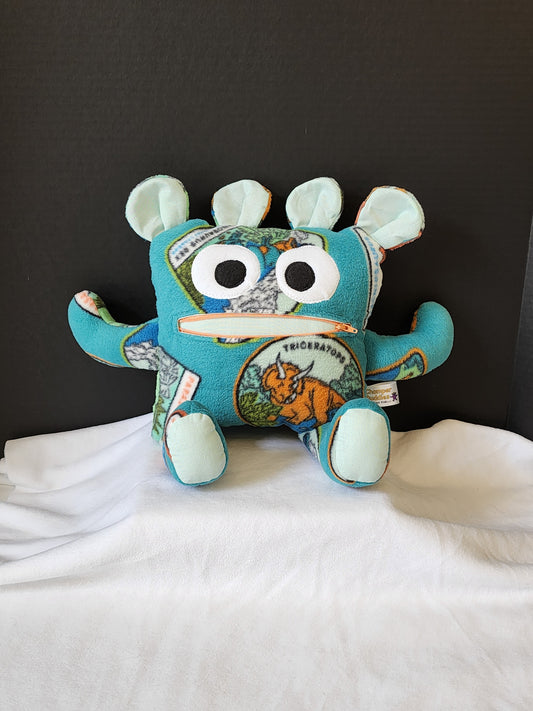 Chomper Buddy 14" teal with dinosaurs fleece and mint color lining