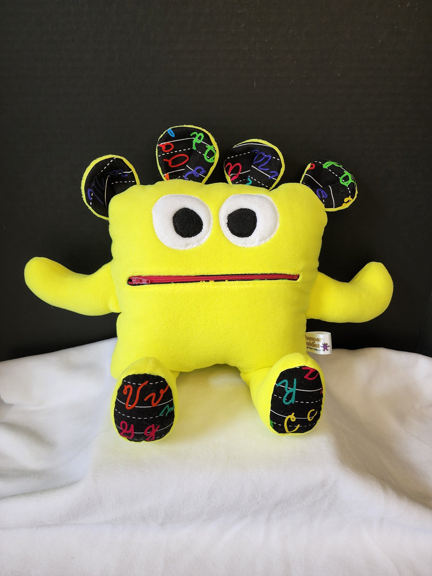 Chomper Buddy 14" Neon Yellow fleece with Cursive alphabet lining