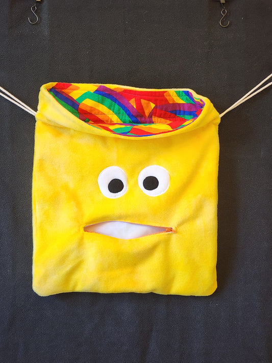 Chomper Buddy Drawstring bag, Slumber Bag,  Dementia Alzheimer's, bright yellow fleece rainbow lining