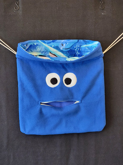 Chomper Buddy Slumber Bag Dance Bag, Fidget Holder Bag Blue Fleece with sharks lining