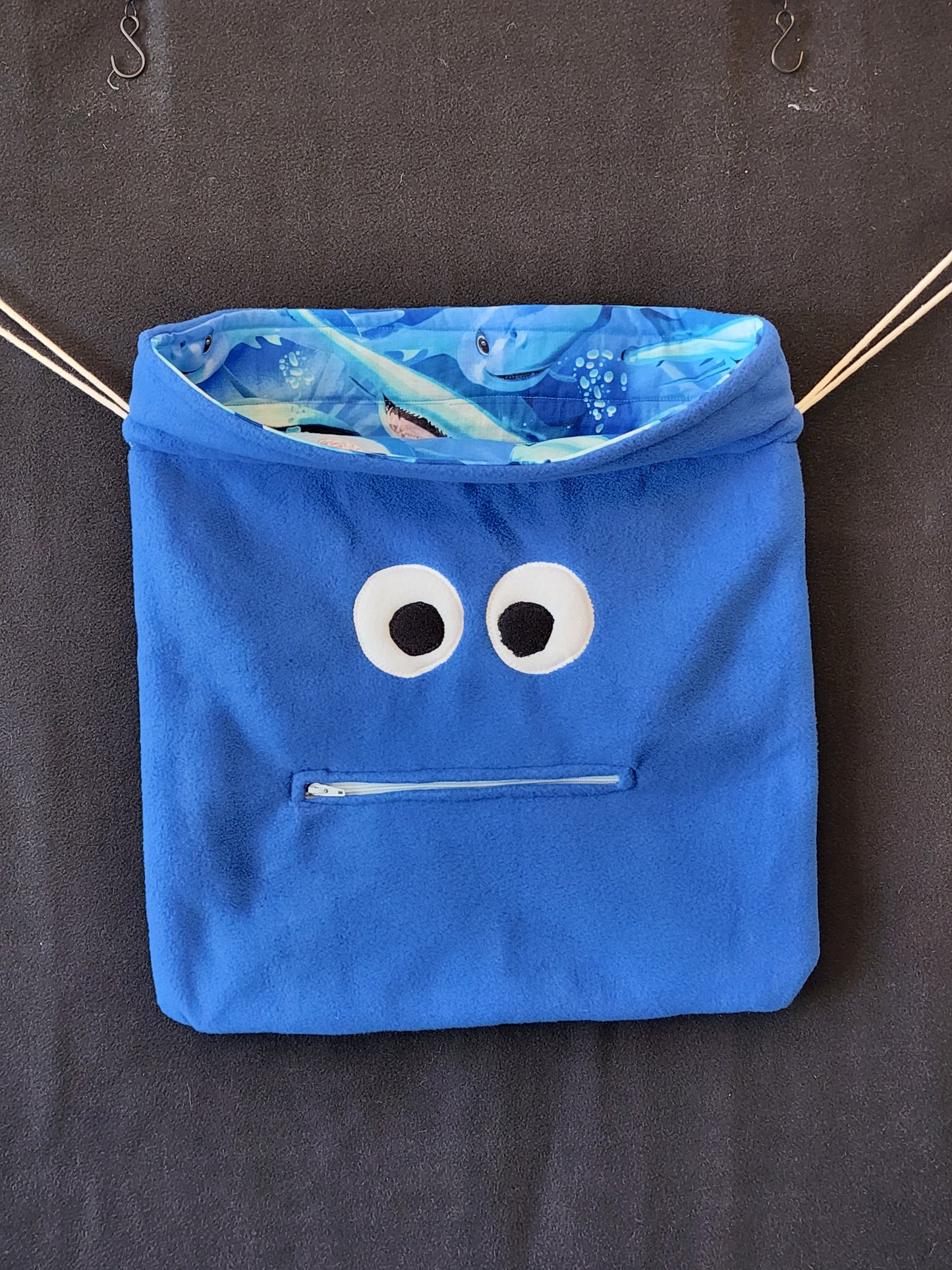 Chomper Buddy Slumber Bag Dance Bag, Fidget Holder Bag Blue Fleece with sharks lining