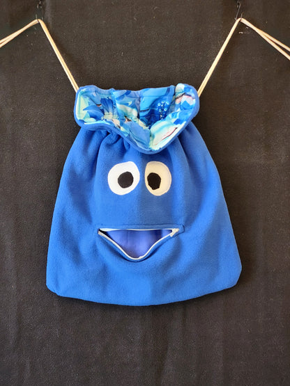 Chomper Buddy Slumber Bag Dance Bag, Fidget Holder Bag Blue Fleece with sharks lining