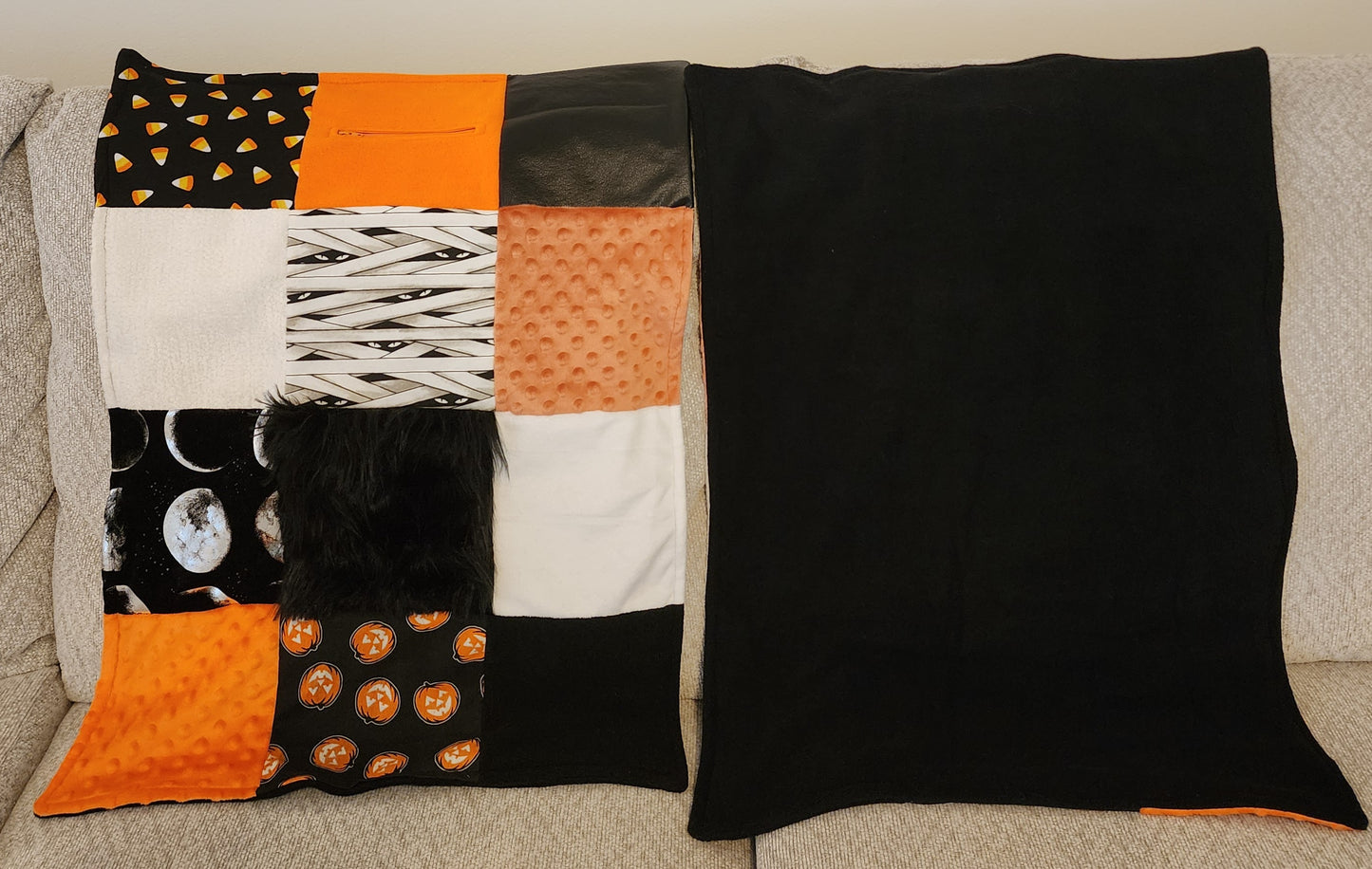 Sensory Blanket- Halloween Theme Push fur zipper pocket candycorn pumpkins