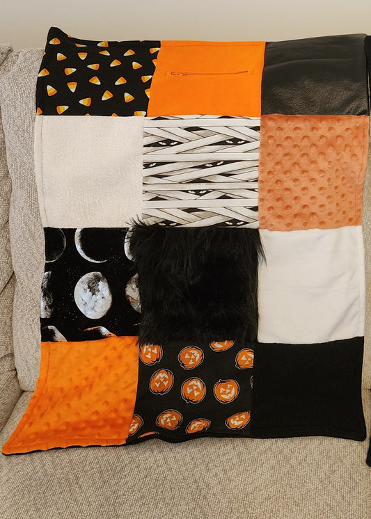 Sensory Blanket- Halloween Theme Push fur zipper pocket candycorn pumpkins