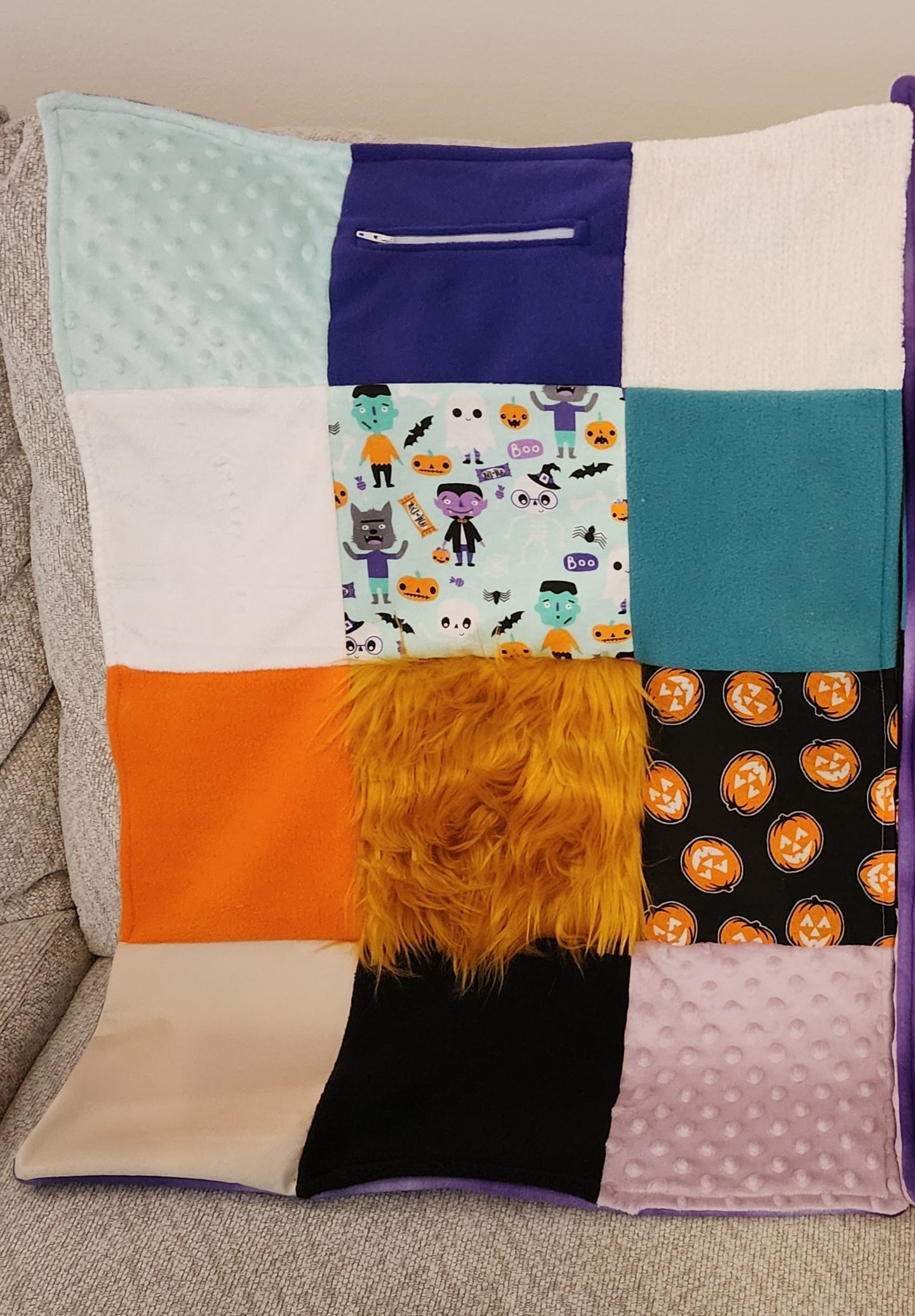 Sensory Blanket- Halloween Theme Plush fur zipper pocket Frankenstein pumpkins