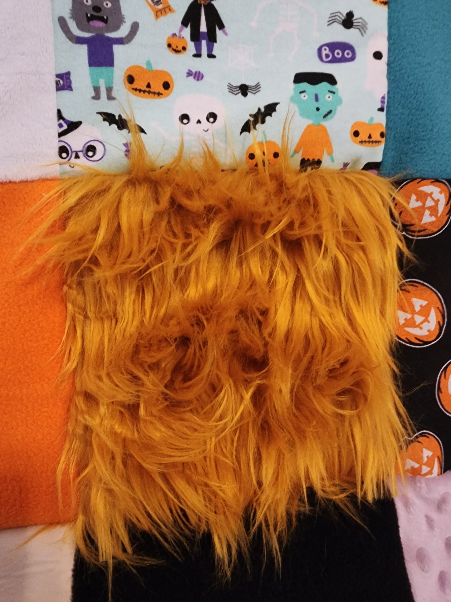 Sensory Blanket- Halloween Theme Plush fur zipper pocket Frankenstein pumpkins